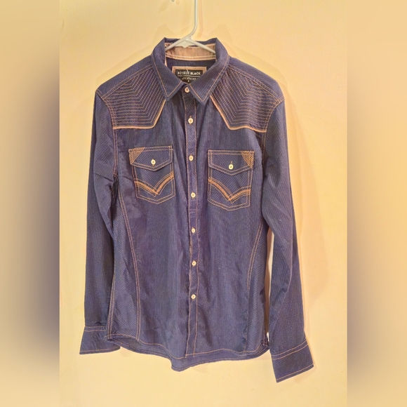 BUCKLE BLACK Embroidered Athletic Stretch Shirt - Navy Tobacco - Size S - Picture 5 of 13